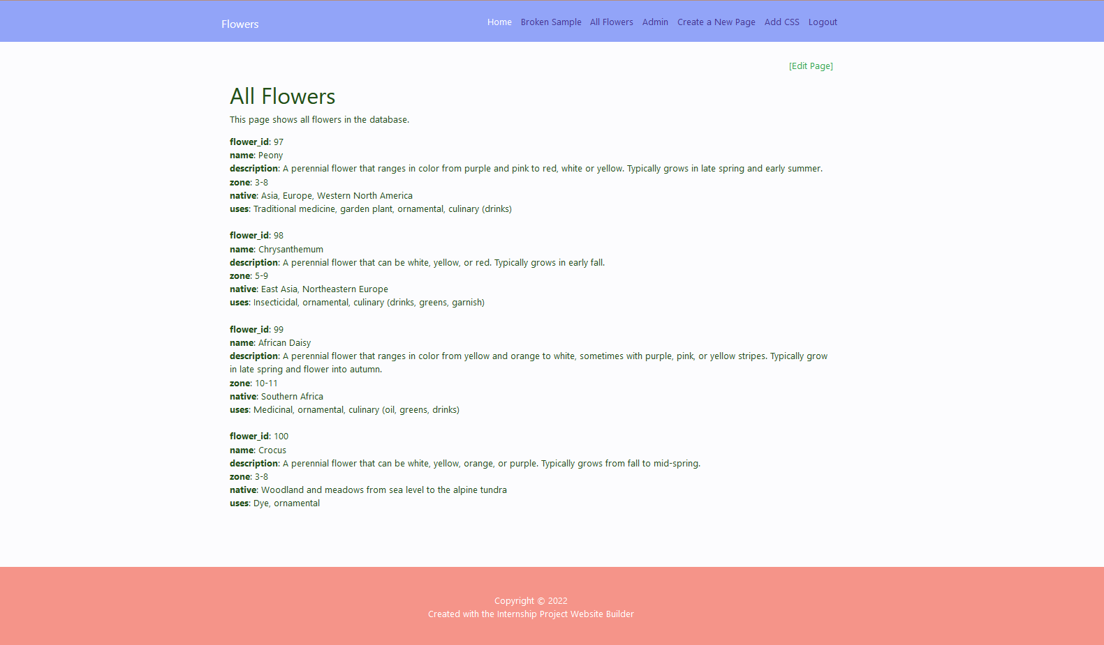An image showing a webpage that displays information about several types of flowers.