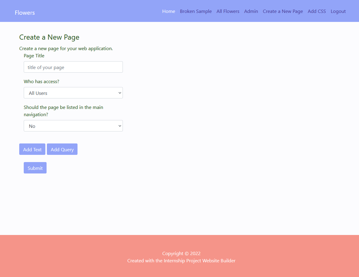 An image showing a webpage that allows a user to create a page. It shows a form with the following field titles: 'Page Title', 'Who has access?', and 'Should the page be listed in the main navigation?'. At the bottom of the page, there are buttons labelled 'Add Text', 'Add Query', and 'Submit'.