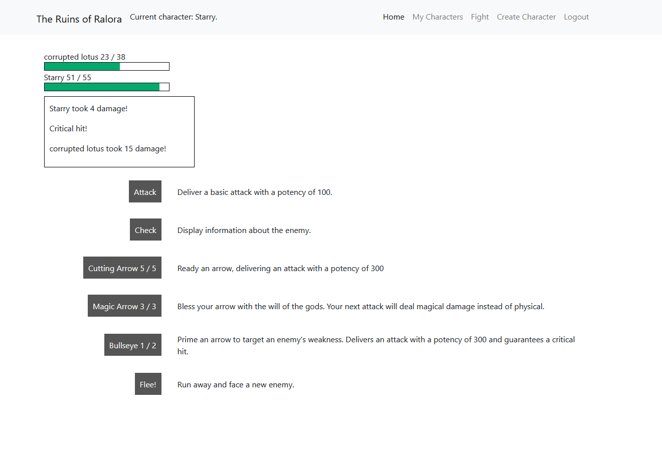Image of a fight in the Ruins of Ralora. The enemy and player have both taken damage. Abilities for an archer are listed at the bottom of the picture.