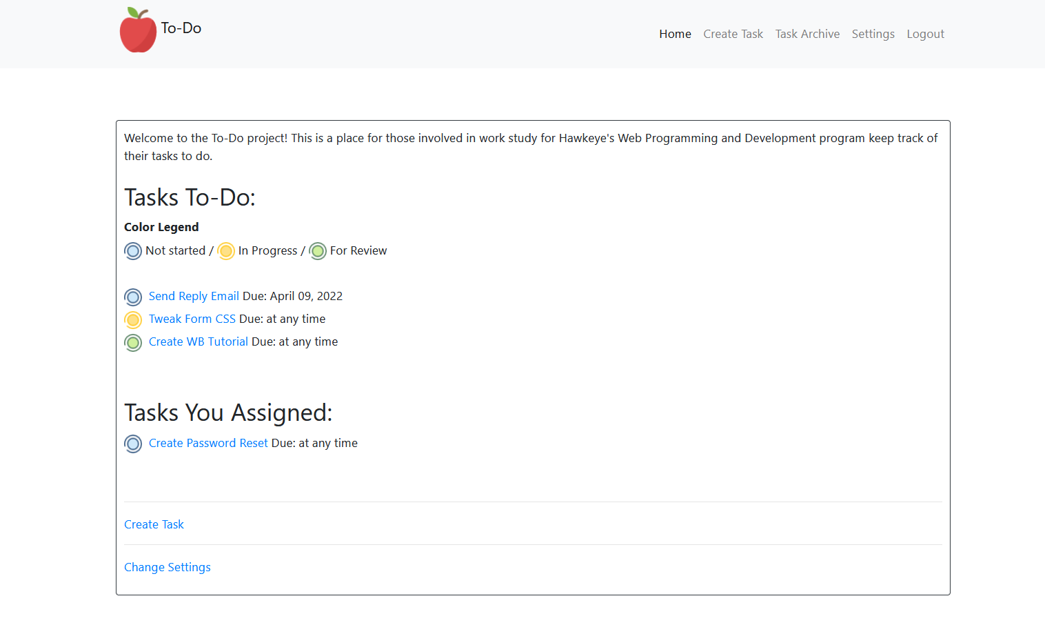 Image of the home page of the To-Do application. It shows several tasks the user was assigned, and one task they assigned to someone else.